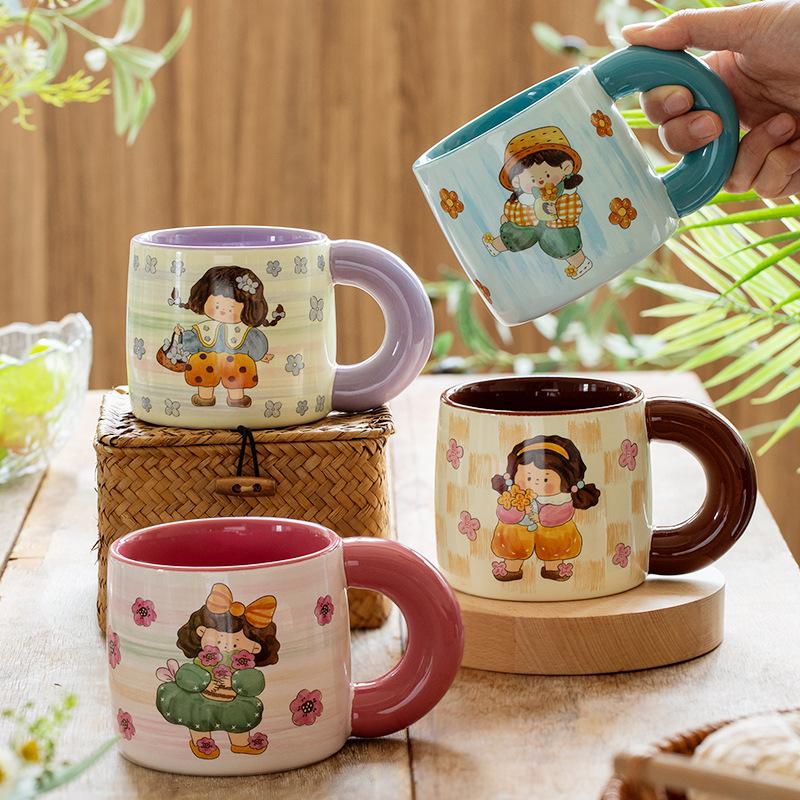 Retro Style Girl Pastoral Style Ceramic Mug Best Friend Drinking Water Breakfast Cup Creative Girl Activity Souvenir