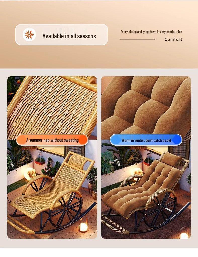 Adult Rattan Rocking Chair: Steel-Framed Recliner for Leisure and Napping on Balconies