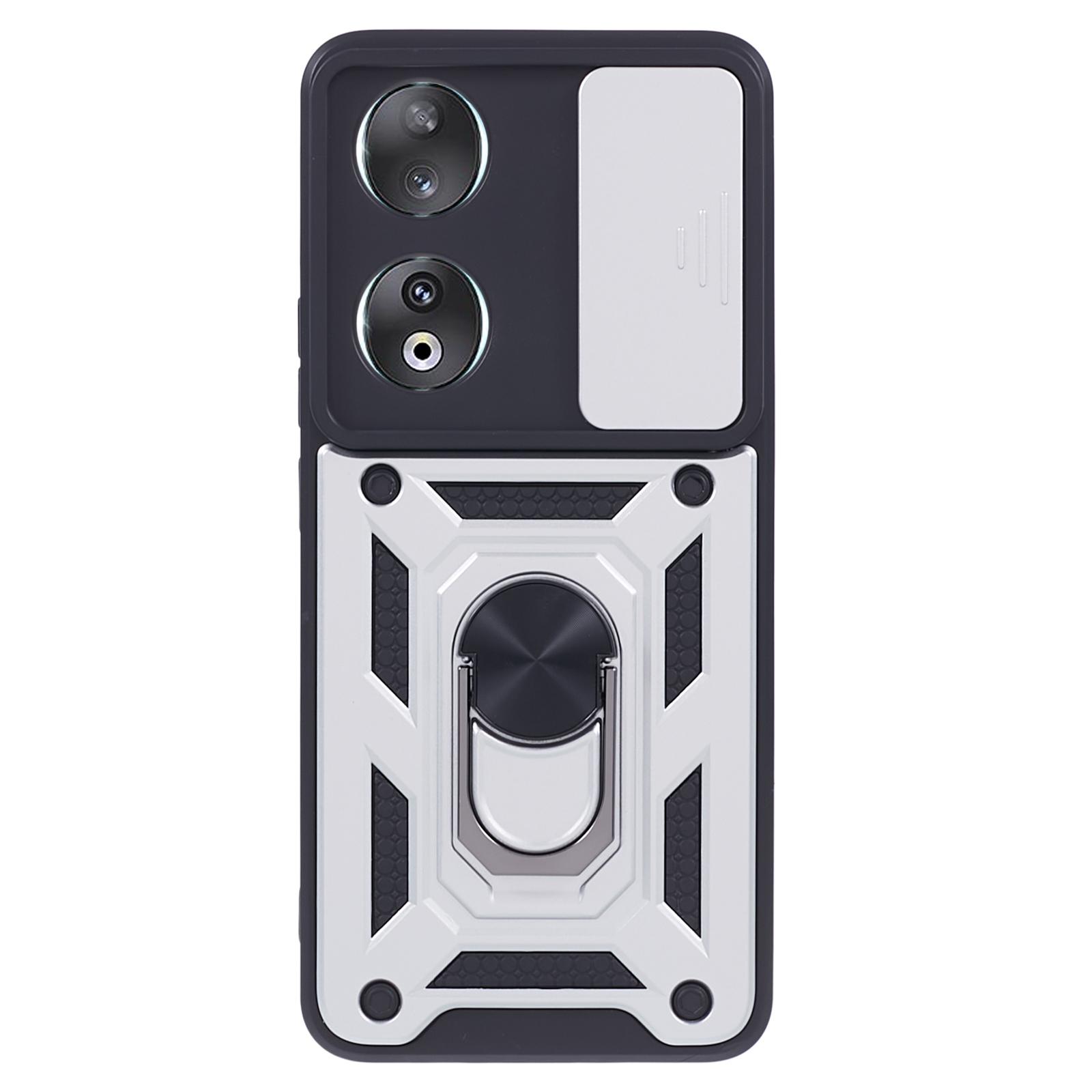 

For Honor 90 Anti-Scratch Slide Lens Protection Phone Case PC+TPU Kickstand Phone Cover Silver