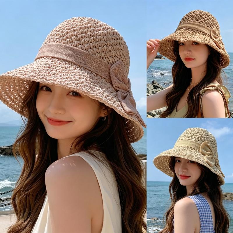 Elegant Bows Straw Hat for Women Breathable Summer Beach Hat Sun Protections Wide Brims Fisherman Cap