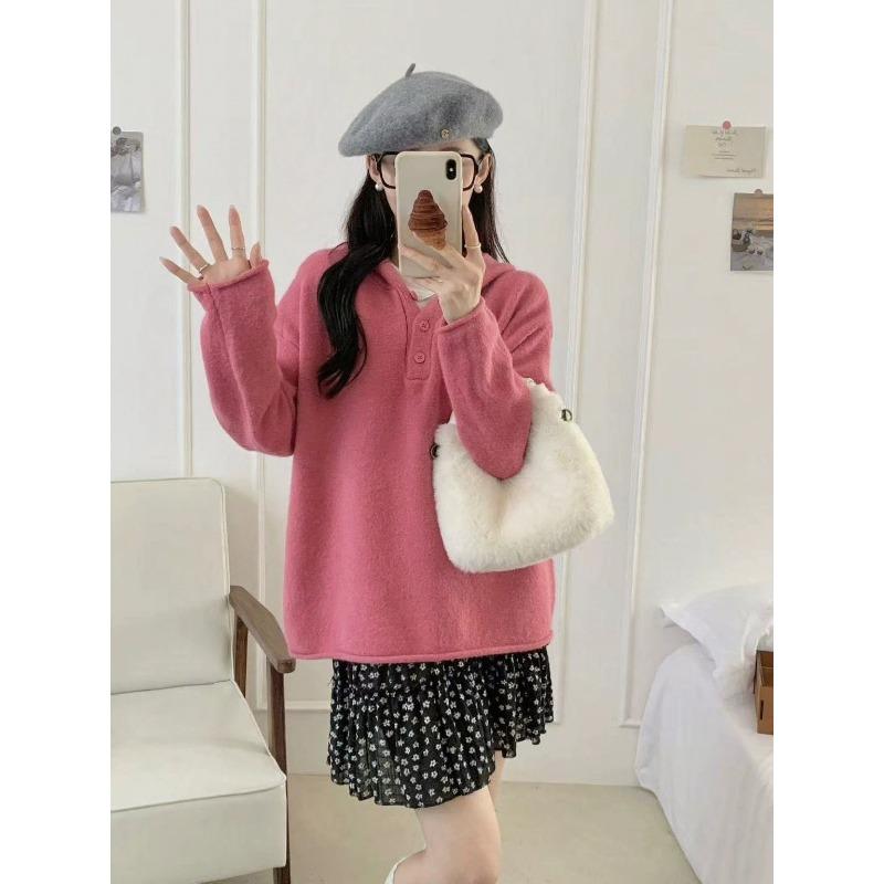 

Autumn and winter new simple age-reducing hooded pullover sweater women s loose lazy knitted sweater casual top One Size Яскраво-рожевий