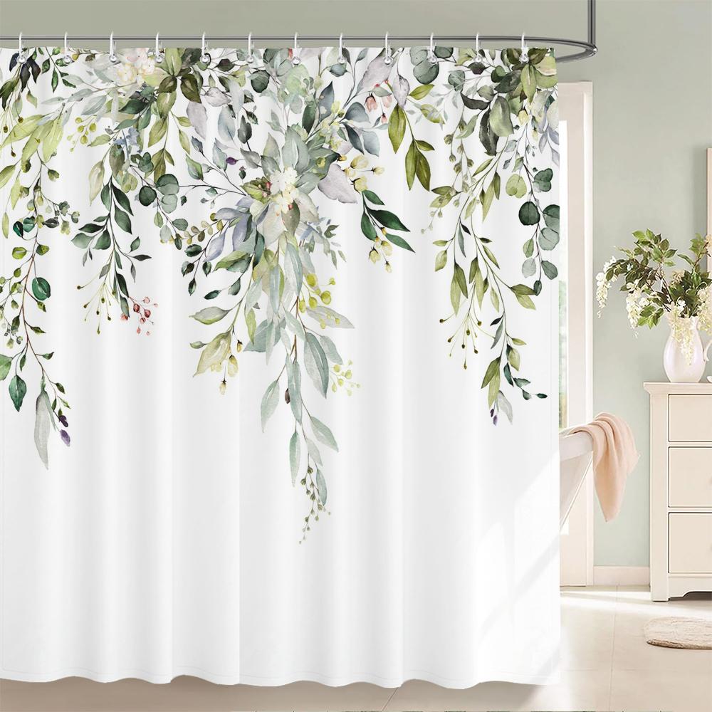 Green Leaf Plants And Flowers Shower Curtain Print Modern Nordic Minimalist Polyster Home Decor Bathroom Curtain With Hooks