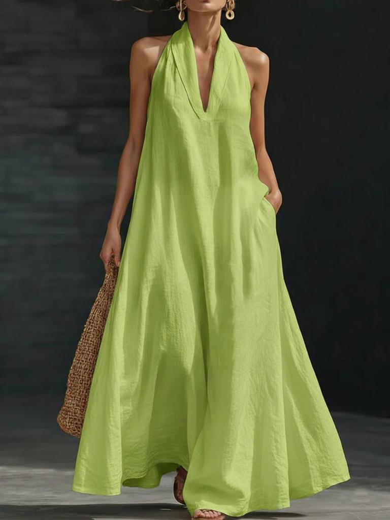 Sommerkleid 2026 für Damen, einfarbig, mit V-Ausschnitt – Freizeitmode im europäischen und amerikanischen Stil