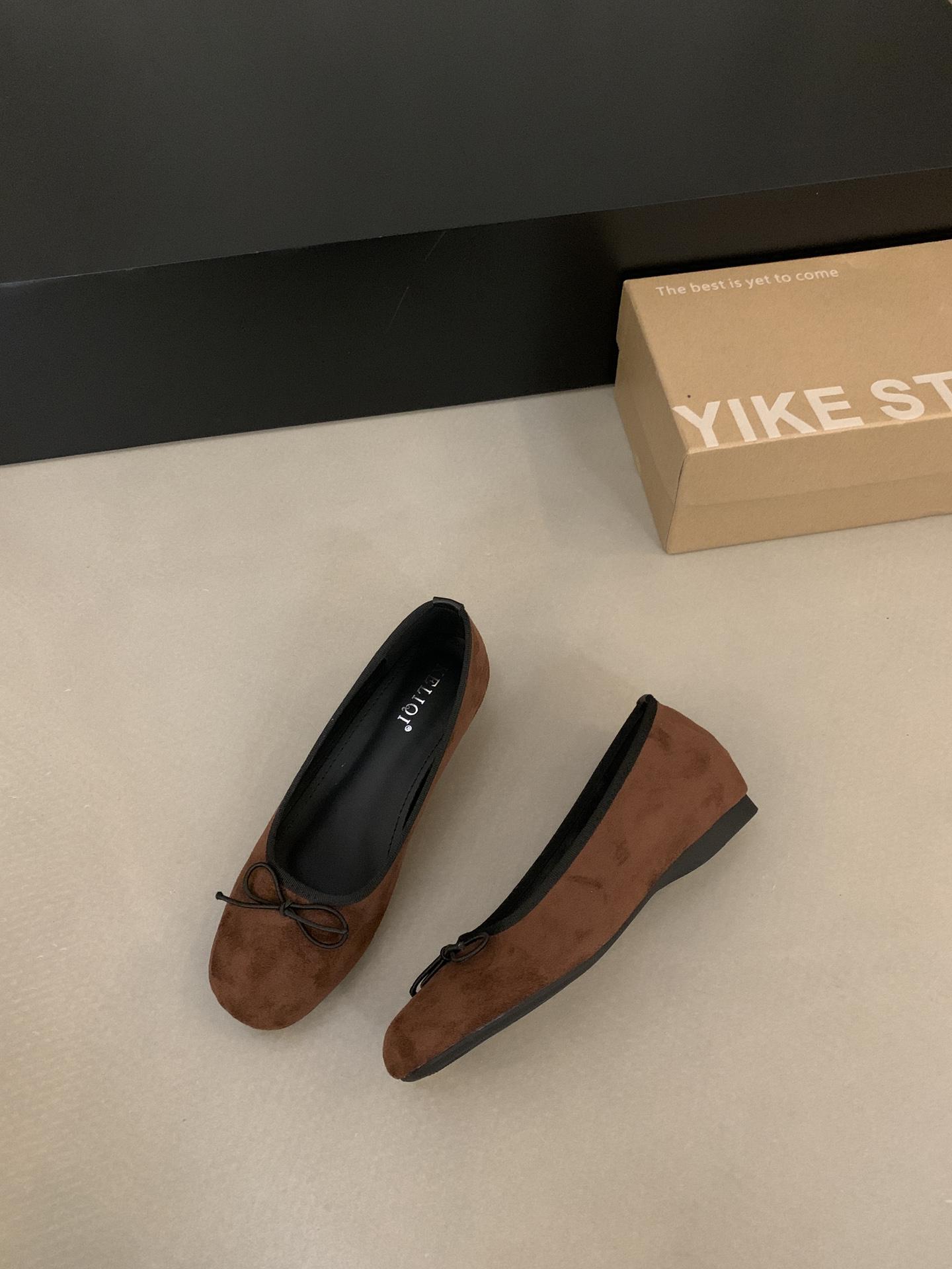 

French inner heightening suede ballet single shoes women s 2025 spring and autumn new round head shallow mouth bow evening shoes 39