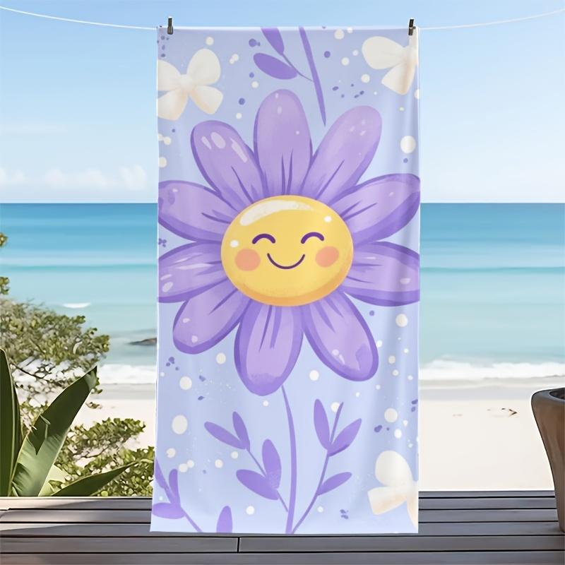 Ka Chen Muxi Purple Cute Daisy Smile Face Beach Towel Kawaii Floral Print Towel For Summer Pool Swimming Yoga Vacation