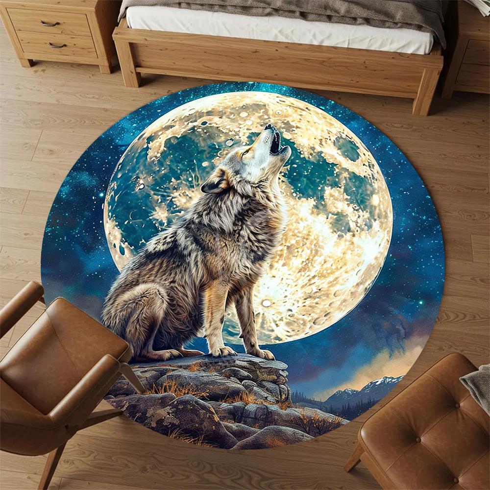 1PC wolf howling moon Office Round Area Rug, Under Office Chairs Bedroom Living Room Home Decor, Carpet for Office -1110016