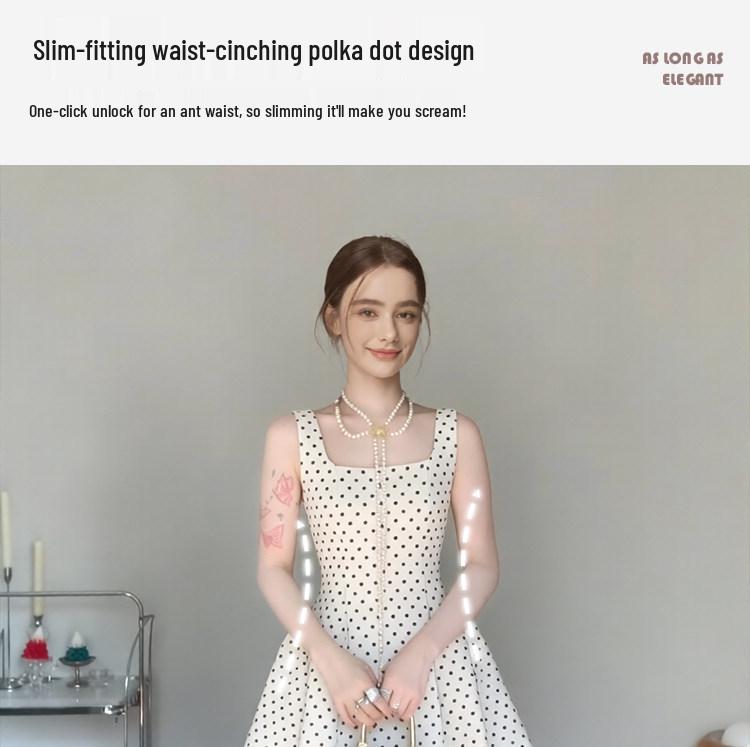 2026 New Style French Polka Dot Spaghetti Strap Dress for Women - Early Summer White Short Skirt
