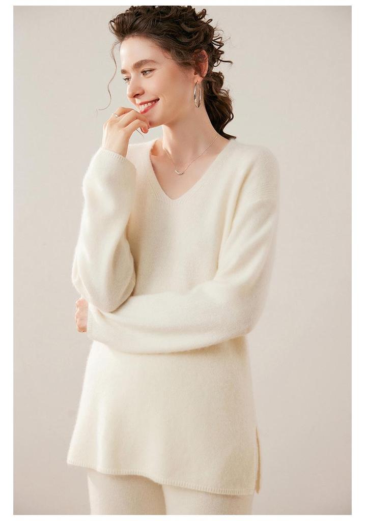 Women's Cashmere V-Neck Mid-Length Slit Sweater, Solid Color, Autumn/Winter Loose Fit