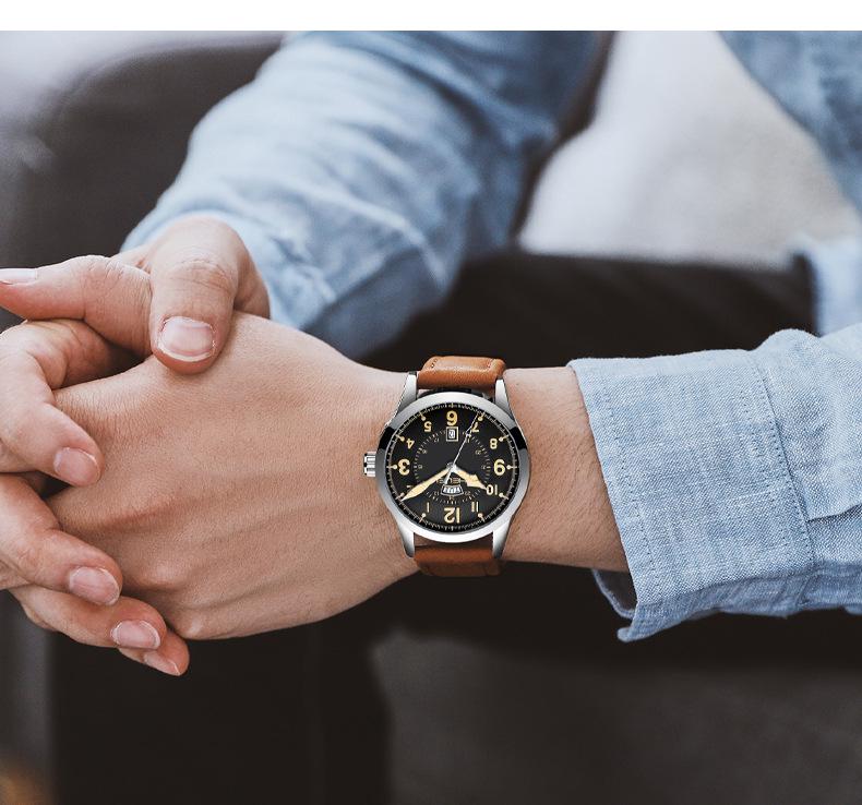 HELEI Wasserdichte Herren-Quarzuhr mit echtem Lederarmband - Modell H9019