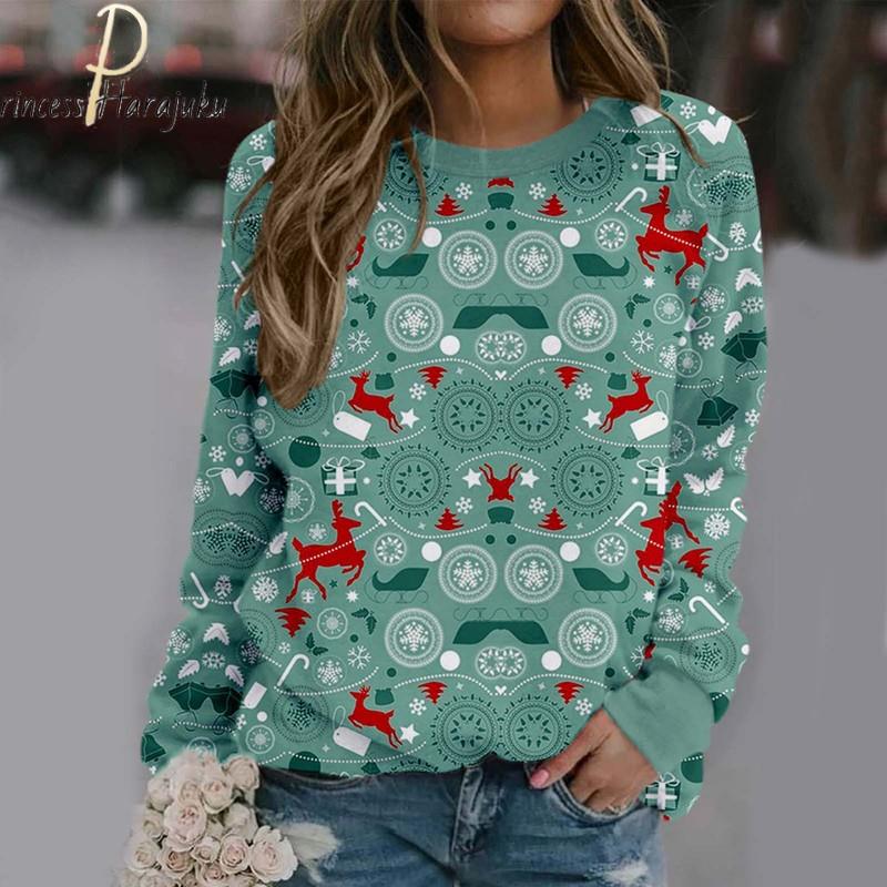 Повседневная толстовка с длинными рукавами с рождественским принтом, блузка, пуловер, рождественский вязаный пуловер, свитер, топ, джемпер, женская толстовка 8XL