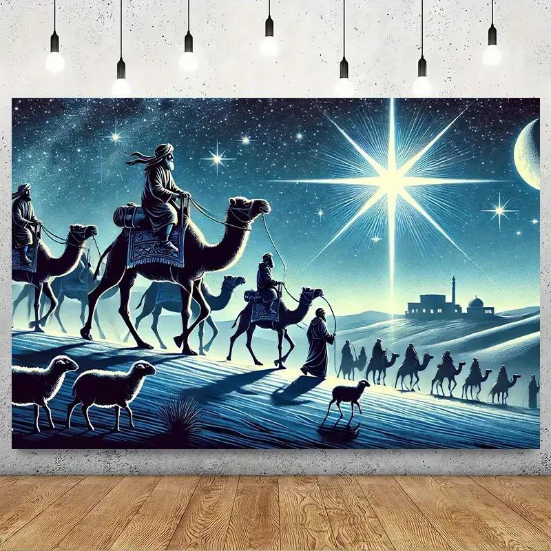 1pc Large Wall Hanging Tapestry Starry Night Desert Scene with Camels Mary Jesus Middle Eastern Biblical Backdrop for Hom