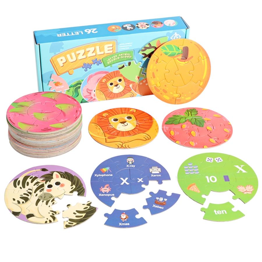 Wooden Double-Sided Circular Jigsaw Puzzle Toy Toddlers Montessori Hand-Eye Coordination Concentration Logical Thinking STEM Toy
