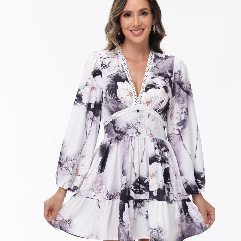 Summer V-Neck Lace Long Sleeve Dress Floral Printed Slim Fits Sexy Dress Sweet High Waist A-line Mini Dress