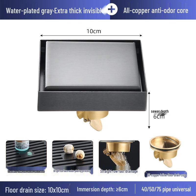 Gunmetal Gray 304 Stainless Steel Odor-Resistant Floor Drain with Copper Core for Shower & Washing Machine.
