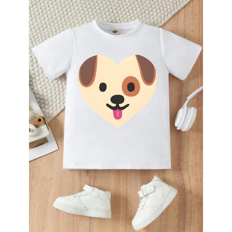 European sizes Heart-print Puppy Print Crew Neck Short-sleeved T-shirt, Casual and Stylish, Perfect for Summer Outings.