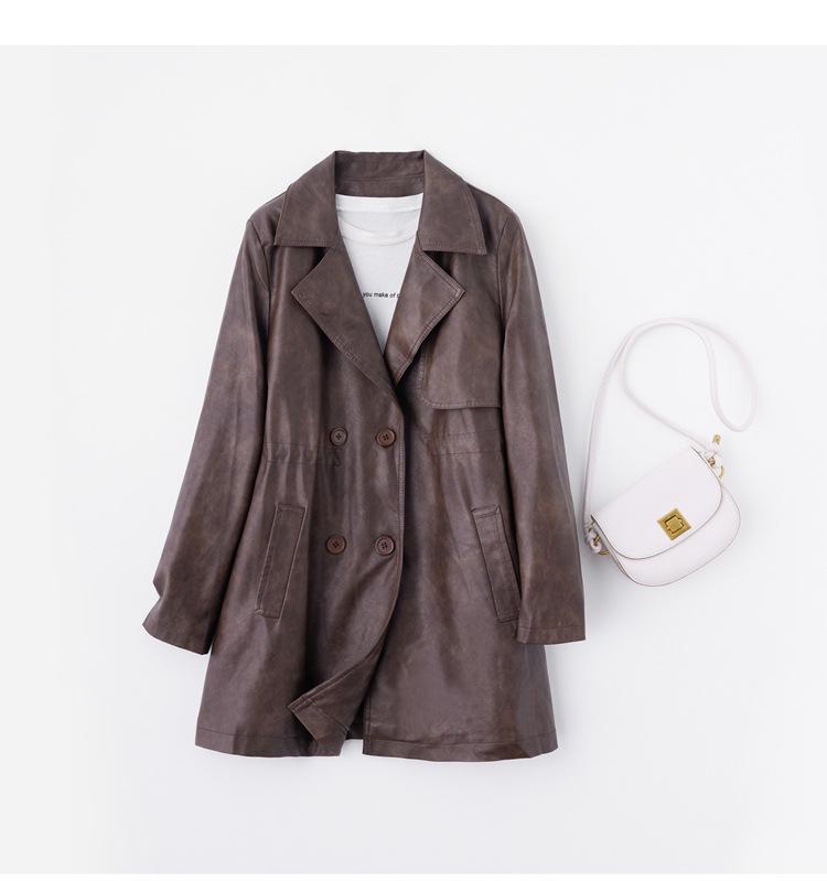 Women's PU Leather Trench Coat with Suit Collar, Double-Breasted, Mid-Length, Waist-Slimming for Spring/Autumn - Model YG82936.