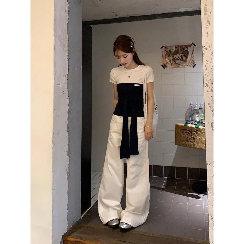Patchwork Contrast Color Strapped Short-sleeve T-shirt Women New Summer Slim Short Top Pure Desire Style