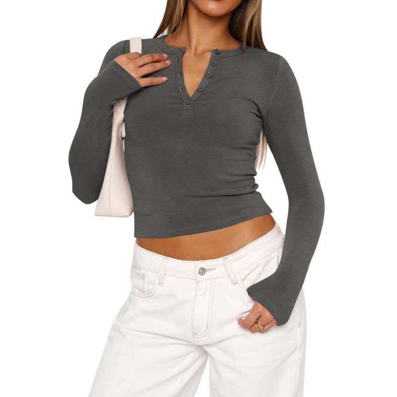 Jarní a podzimní dámský Y2K slim módní žebrovaný top s knoflíky a dlouhým rukávem