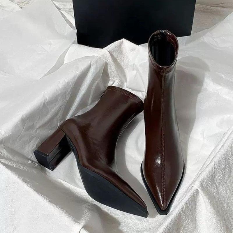 Autumn Winter Fashion Thick Heel Slim Ankle Boot Women Pointed Toe Zipper Shoes Mordern Short Booties  De Mujer