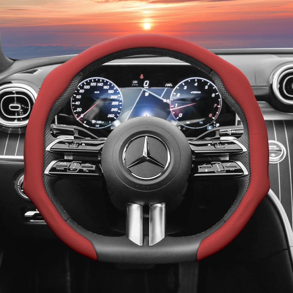 Suitable for Mercedes-Benz Perforated Leather Steering Wheel Cover, Non-Slip, Sweat-Absorbent, Breathable, Integrated Protective Case V 