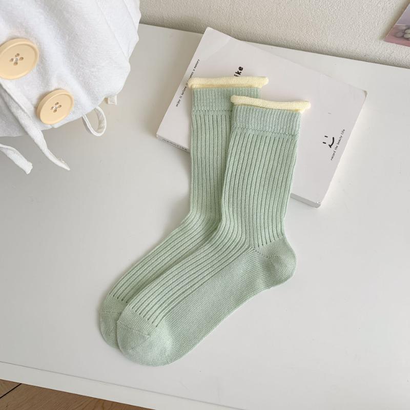 Thin Solid Color Vertical Striped Stack Socks, Breathable Mesh Double-layer Socks, Mouth Tube Women's Socks with Sweet Curled Edges