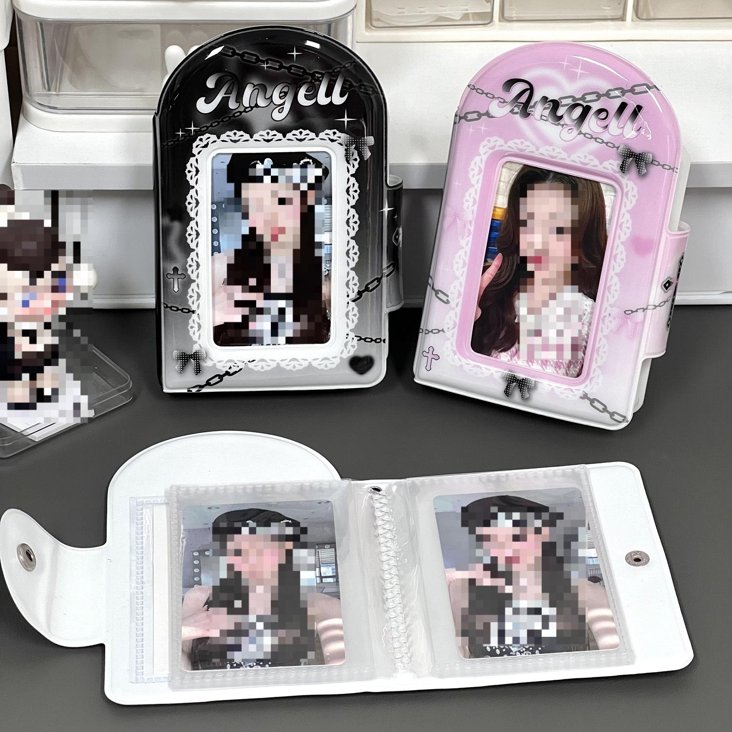 

Корейский тренд Y2K сладкий крутой розовый черный держатель для карт Kpop Star 3 дюйма фотокарта собирать альбом угол подвеска для девочек 16 страниц/32 слота розовый