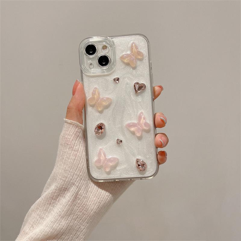 Light Luxury Rhinestone Gemstone Love Mobile Phone Case For Iphone17Promax Pink Butterfly Apple 16
