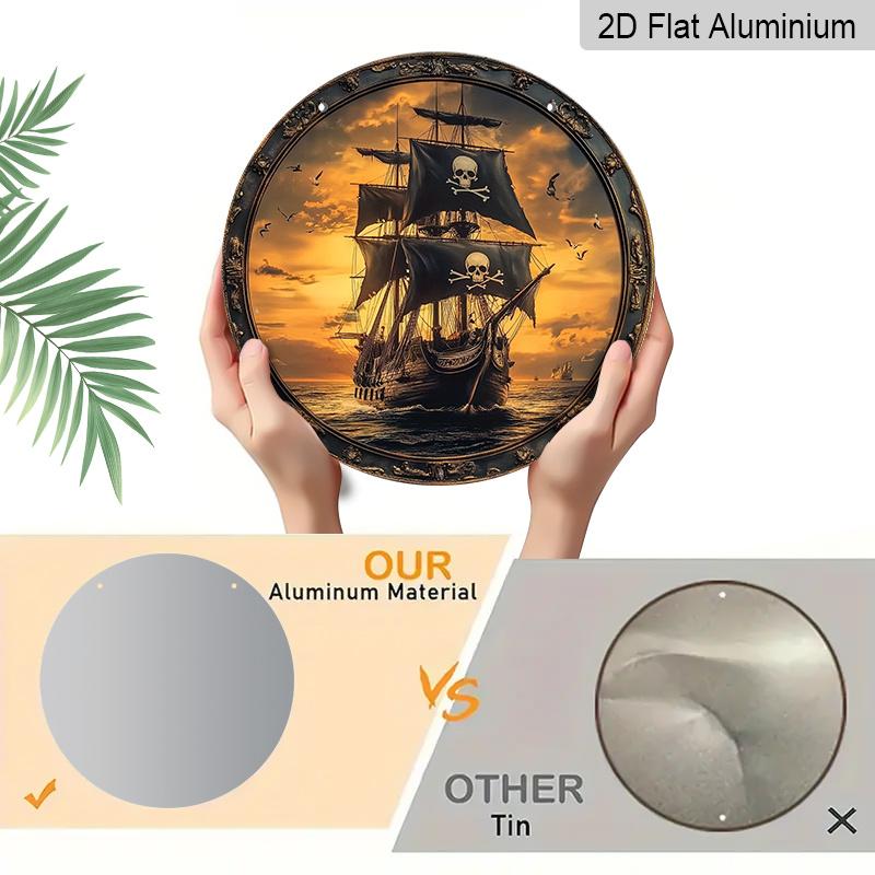 2D Flat, 1pc Vintage Pirate Ship Wall Decor - Round Aluminum Metal Nautical Sign, Jolly Roger Skull & Crossbones Wall Plaque, Suitable for Home, Bar