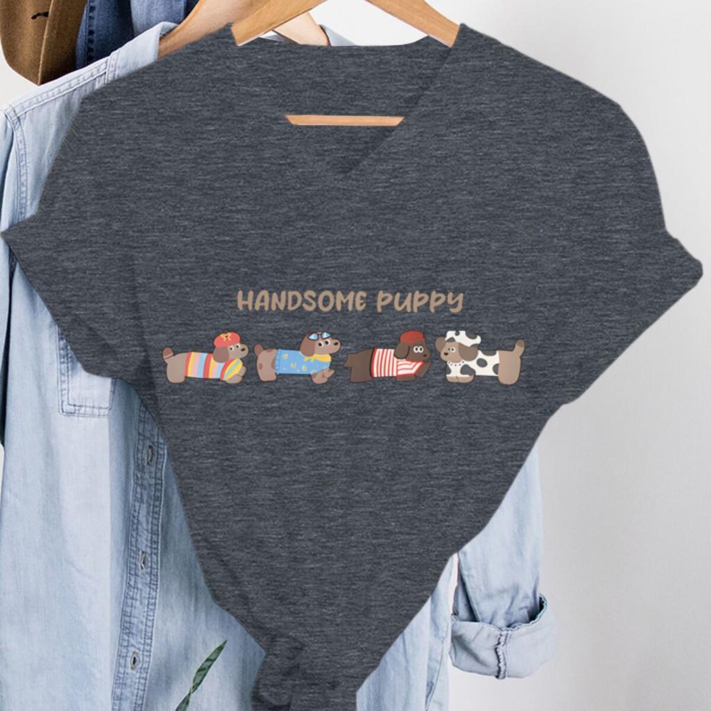 Hübsches Dackel Grafik T-Shirts Damen Lässig Hundemama Oberteil Hundeliebhaber Geschenk T-Shirt Kleidung Niedliches Dackel Damen V-Ausschnitt T-Shirt