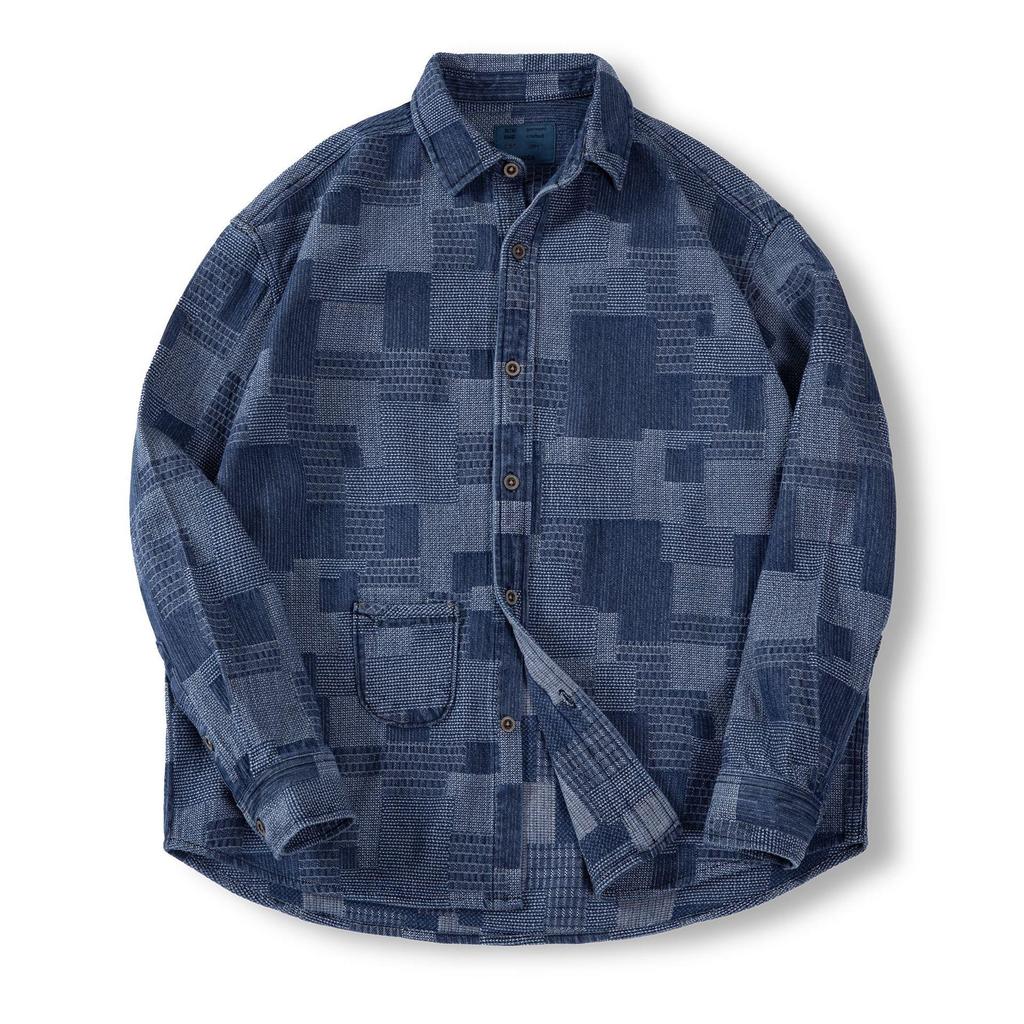 Giacca Camicia Piumino Denim Boro Patchwork Jacquard Manica Lunga Bottoni Retro Taglia Larga Capospalla Primavera