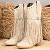 Street Style Rivet Tassel Boots Women  New Beige Plus Size 36-43 Mid-Calf Boots for Woman Pointed Toe Zipper Up Botas Female