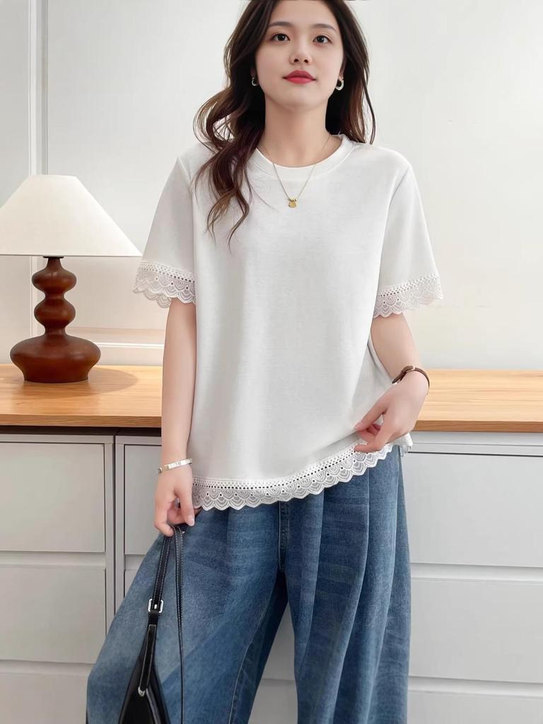 2026 Korean Style Plus Size Casual Lace Patchwork Round Neck Short Sleeve Top for Chubby Girls