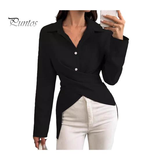 

Женская рубашка с лацканами, длинный рукав, однобортная рубашка, топы, однотонные пуговицы, планка, осенняя рубашка, повседневная одежда S чёрный