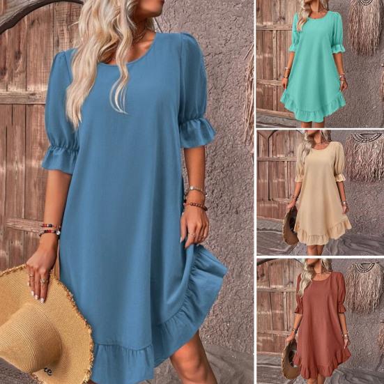 Summer Women Dress Mid Sleeves Solid Color Loose A-line Big Swing Ruffle Patchwork O Neck Pullover Knee Length Midi Dress