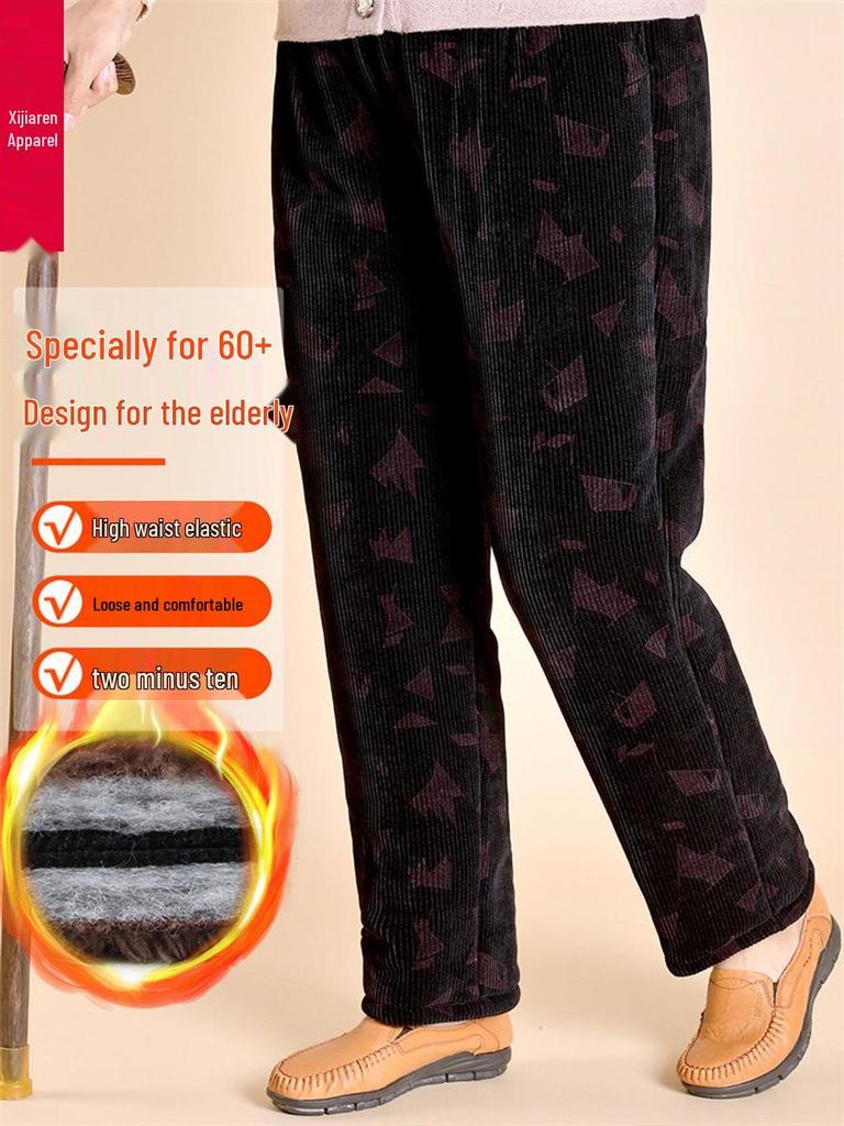 Corduroy Winter Velvet-Lined Trousers for Women - Warm, Straight-Leg, Ideal for Elderly and Middle-Aged.