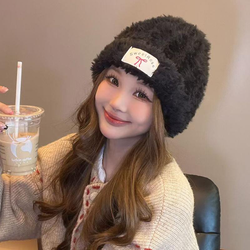 Women's Warm Autumn and Winter Knitted Hat Bow Korean Warm Plush Ear Protection Head Hat