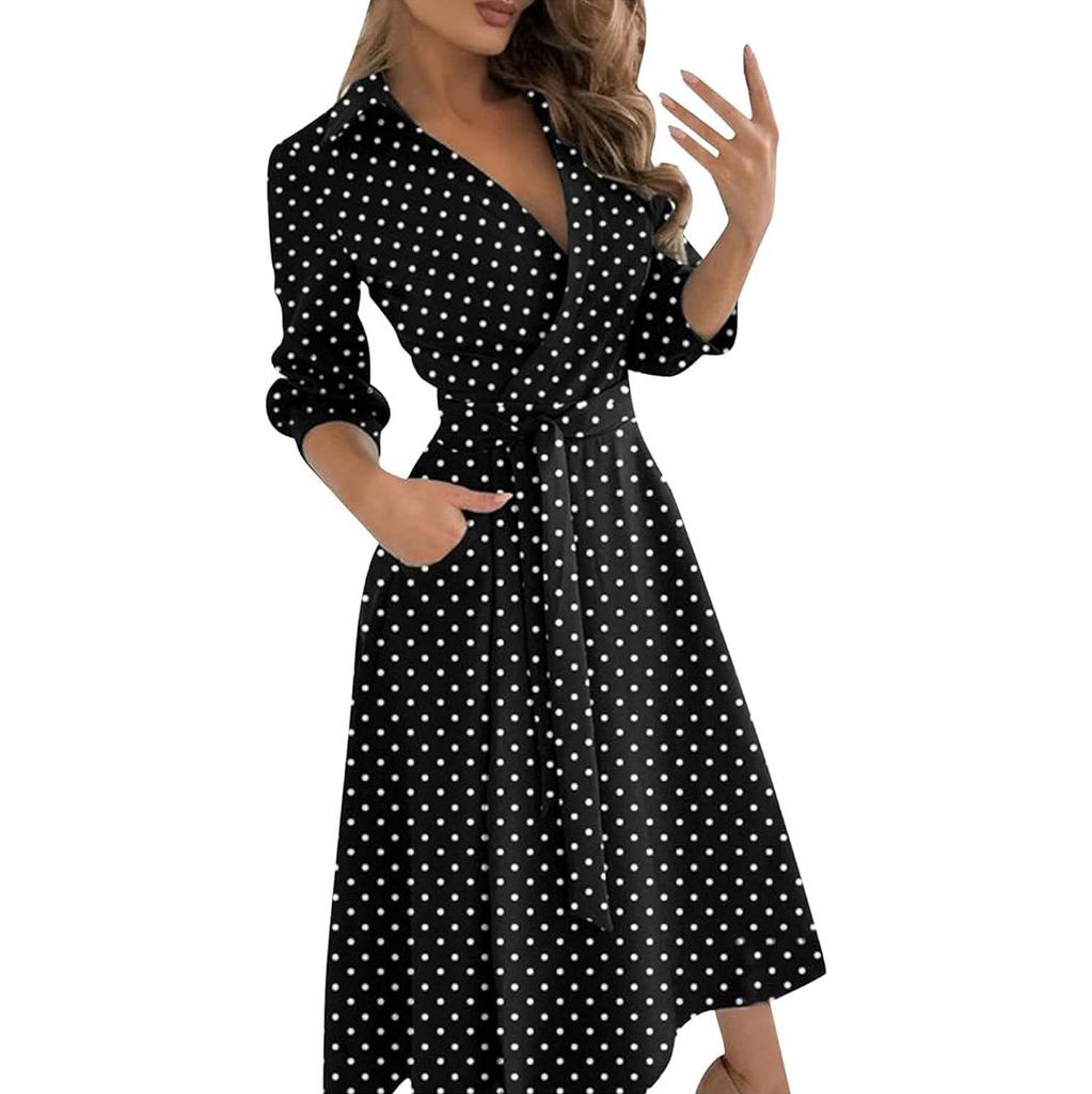 Damen Langarm Maxikleid V-Ausschnitt Knöchellang Langes Kleid Lässiges A-Linien-Kleid mit Gürtel