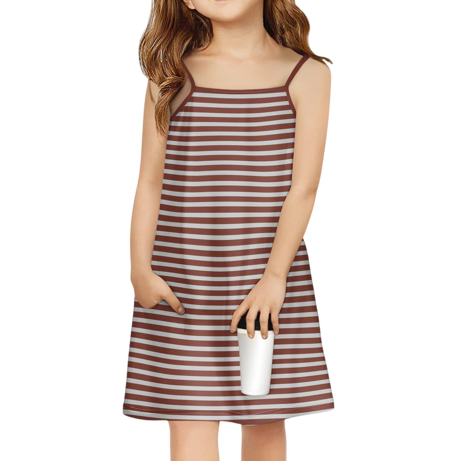 Children s Sleeveless Square Neck Summer A-Line Casual Holiday Striped Suspender Dress 140 киноварь