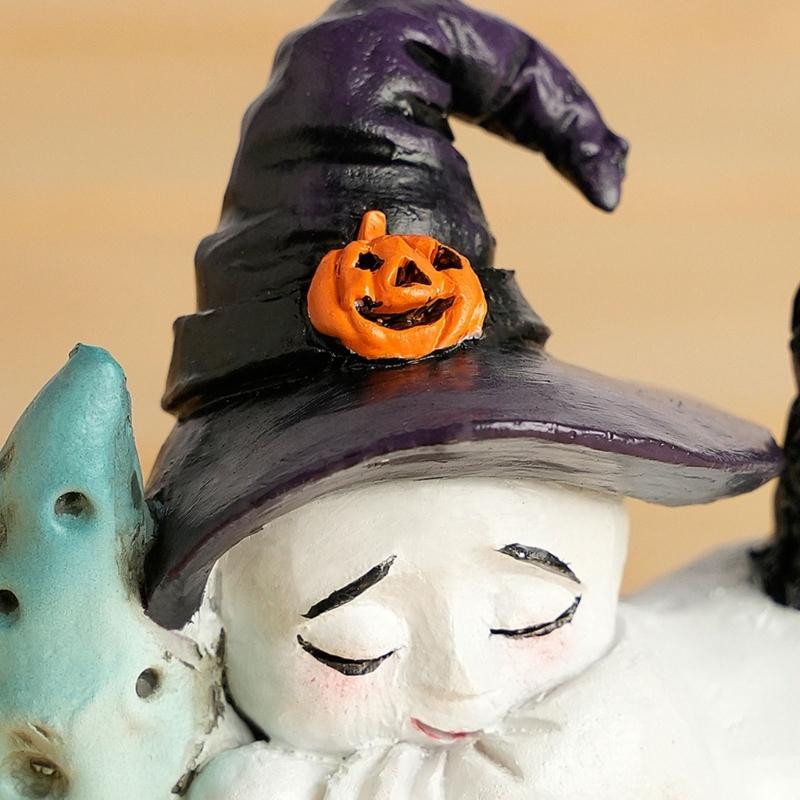 Unique Witch Ghostly Lying On Moon Statue with Base Tabletop Shelf Ornament Mystical Moon Theme Resins Sculpture Gift