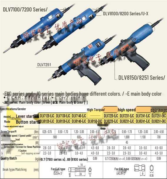 DELVO DLV8231EJNC High-Speed Electric Screwdriver Series: Includes Models DLV8241EJC, DLV8221EJN, DLV8251EKN.