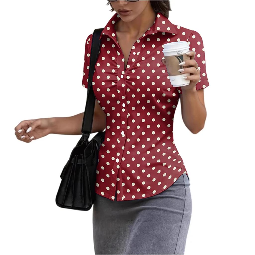 Damen Slim Fit Kurzarm Hemd mit Knöpfen und Kragen Sommerlich Lässig Büro Bluse Taillierter Schnitt Leichter Stoff