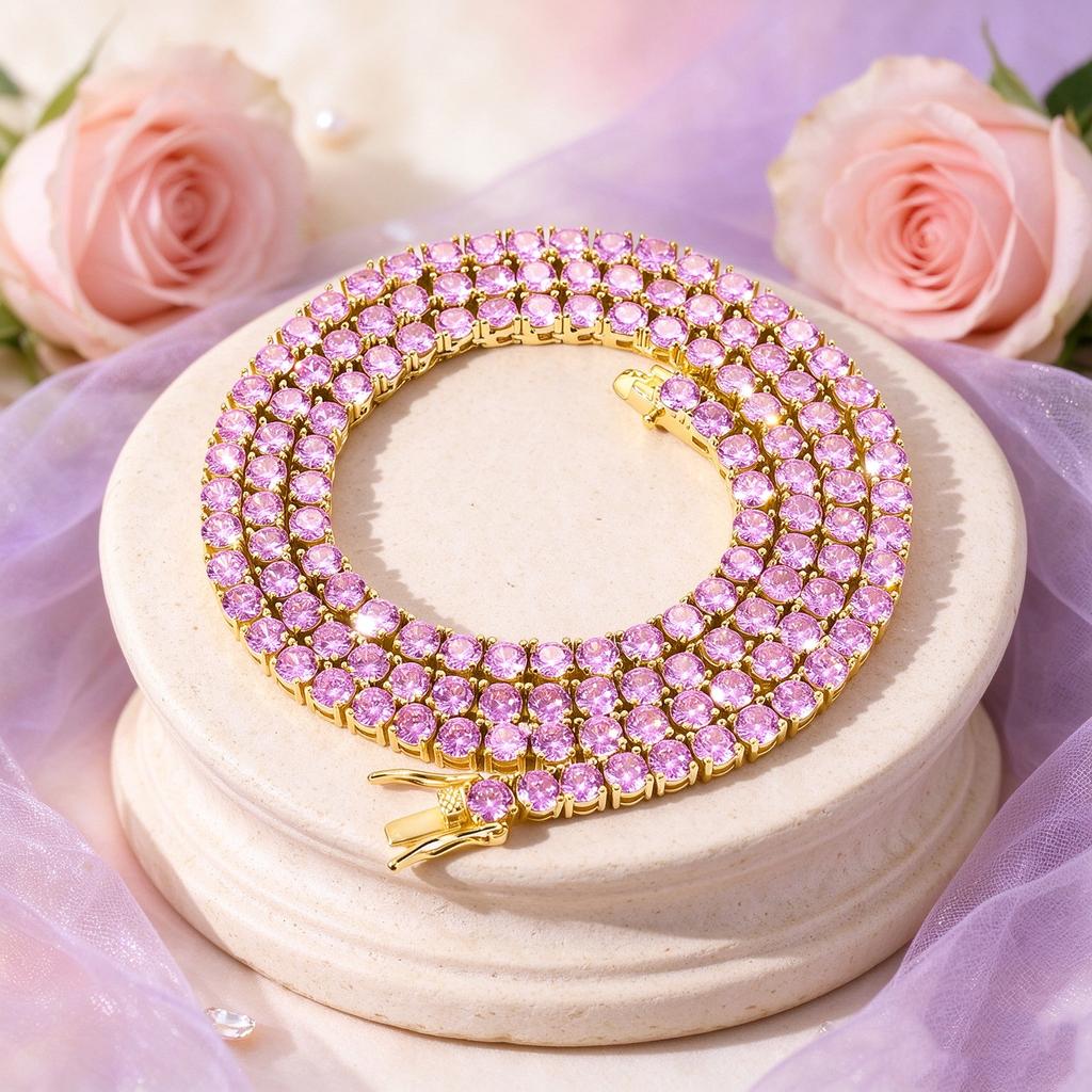 4mm Tennis Chain Purple Pink Yellow Chain Micro-set Zircon Single Row Chain Hip Hop Necklace Women Exquisite Gifts