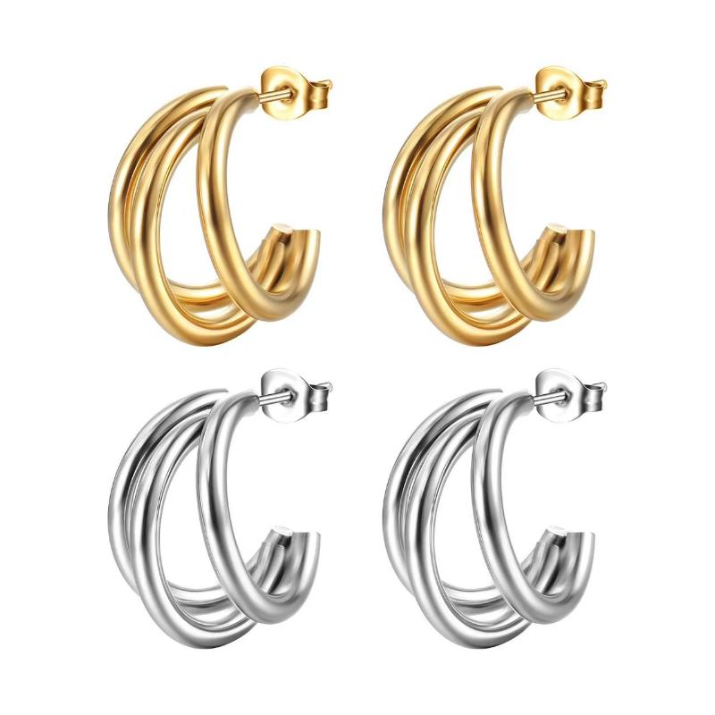 1 Pair Chunky Multi Layered Hoop Titanium Steel Stud Earrings For Women Gold Silver Korean Style Vintage Gift