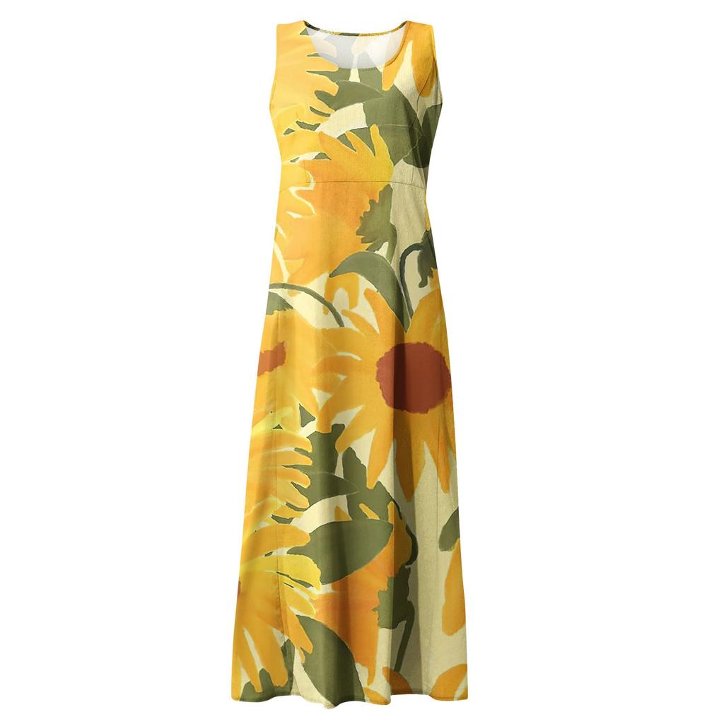 Women's Summer Casual Fashion Printed Sleeveless Round Neck Pocket Dress