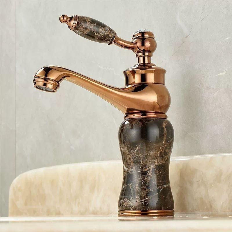 Rose Gold Luxury Bathroom Basin Faucet Single Jade Handle Vanity Sink Mixers Water Taps Brass Natural Jade Basin Sink Faucet