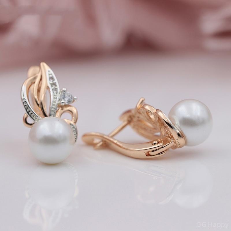 Rose Gold Color Imitation Pearl Earrings for Women Hollow Flower Drop Earrings Unique Design Elegant Delicate Bridal Wedding Jewelry