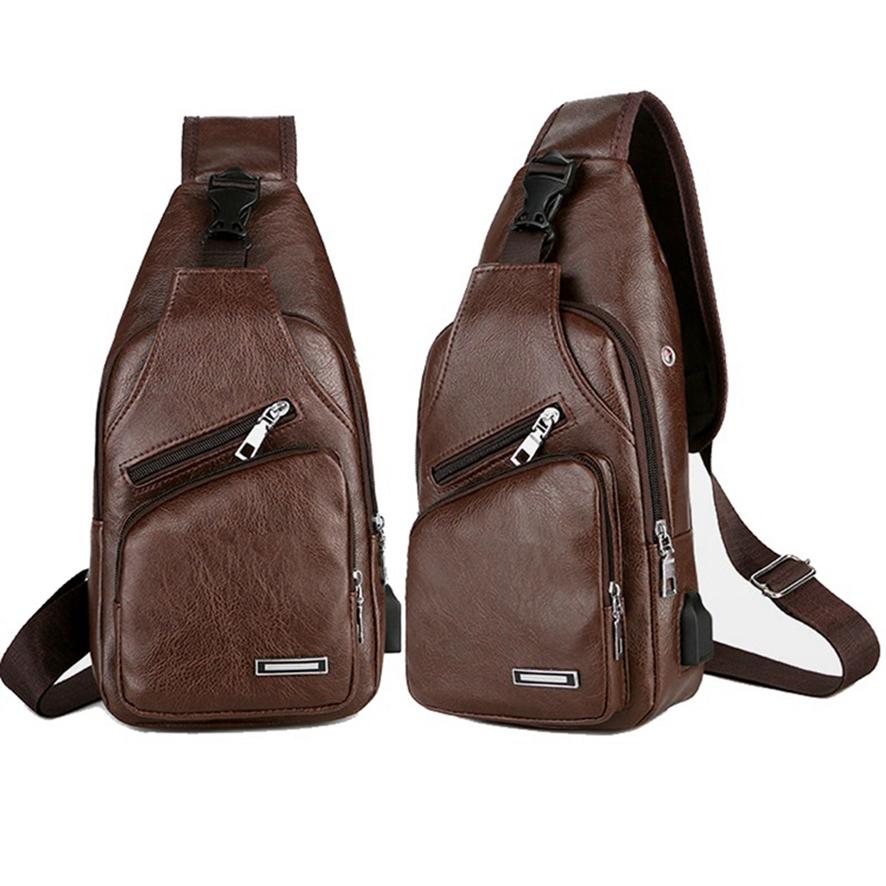 Men Fashion Casual PU Shoulder Chest Bag USB Charging Messenger Travel Packs