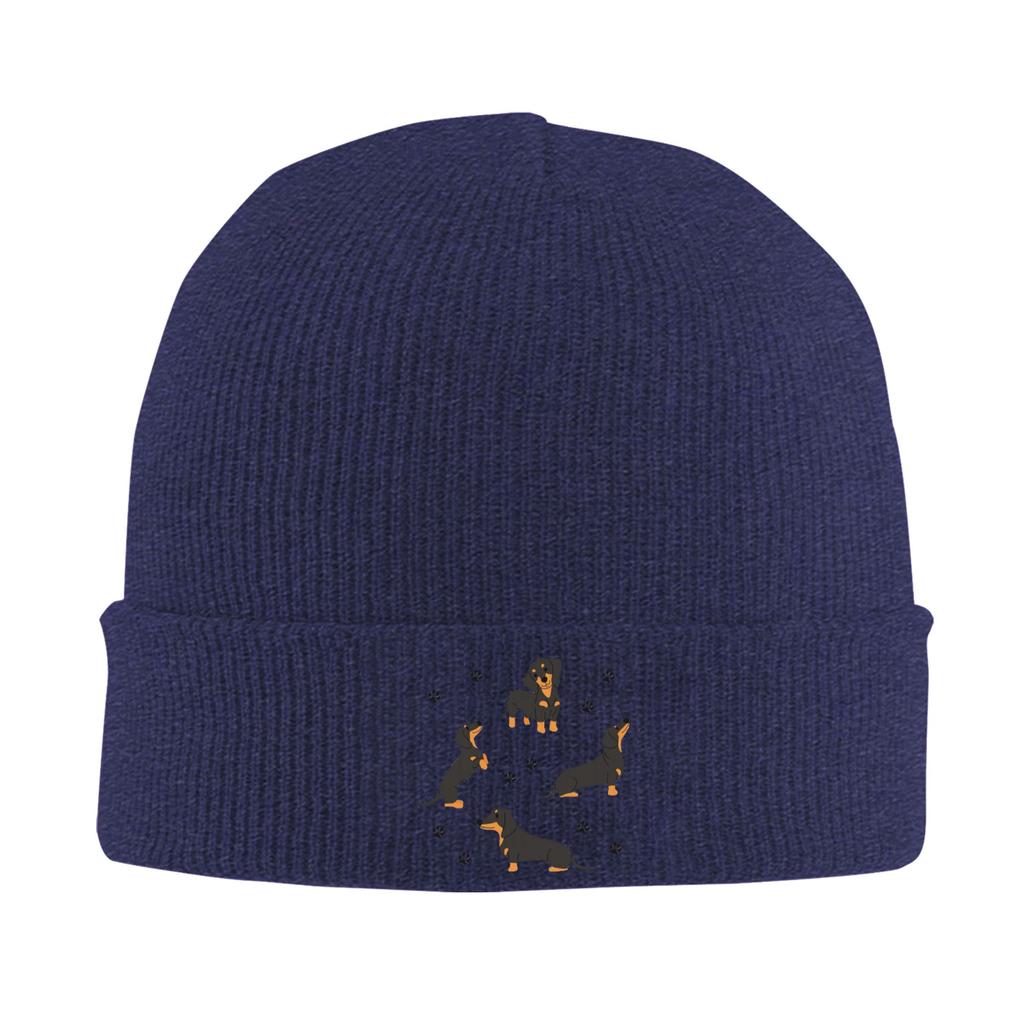 Dachshund Dog Pattern with Dog Paws Warm Knitted Cap Winter Knit Bonnet Hat Skullies Beanies Hip Hop Caps for Unisex