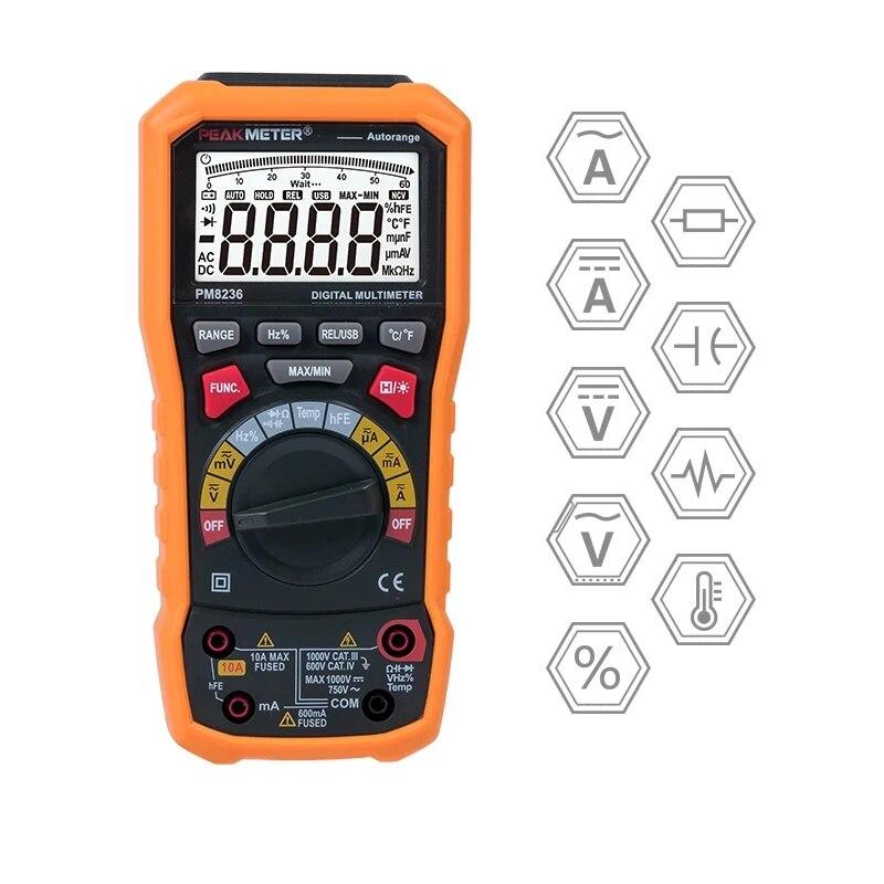 

PEAKMETER Digital Multimeter Autoranging True RMS Multimeter with TRMS Temperature Capacitance Frequency NCV Test PM8236