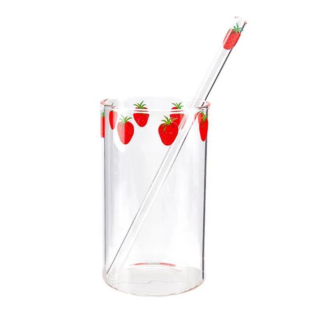 

300 мл Клубничный милый скандинавский стеклянный стакан с соломинкой креативный прозрачный стакан для воды кружка для молока термостойкое стекло рождественский подарок 201-300ml